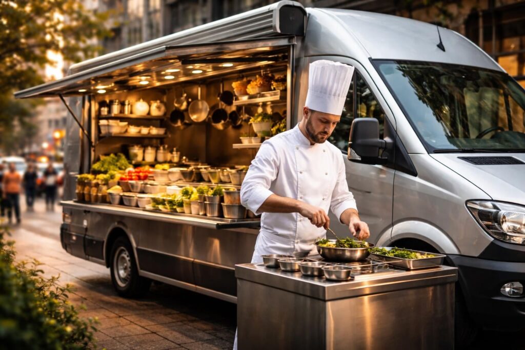 chef cuisinier en déplacement proposant une cuisine de qualité avec un food truck équipé, basé sur un mercedes sprinter ou un citroën jumper, pour des événements gourmands et mobiles.