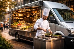 chef cuisinier en déplacement proposant une cuisine de qualité avec un food truck équipé, basé sur un mercedes sprinter ou un citroën jumper, pour des événements gourmands et mobiles.